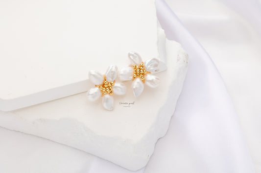 Flower earring white fresh water pearl 14K gold filled-EF903