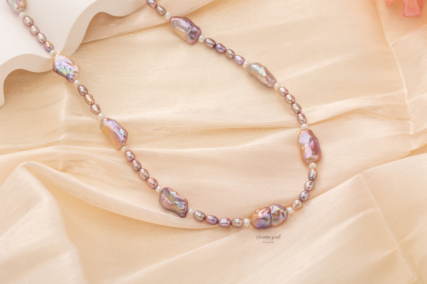 Shattered silver with bead choke necklace purple fresh water pearl 14K gold filled-NF910